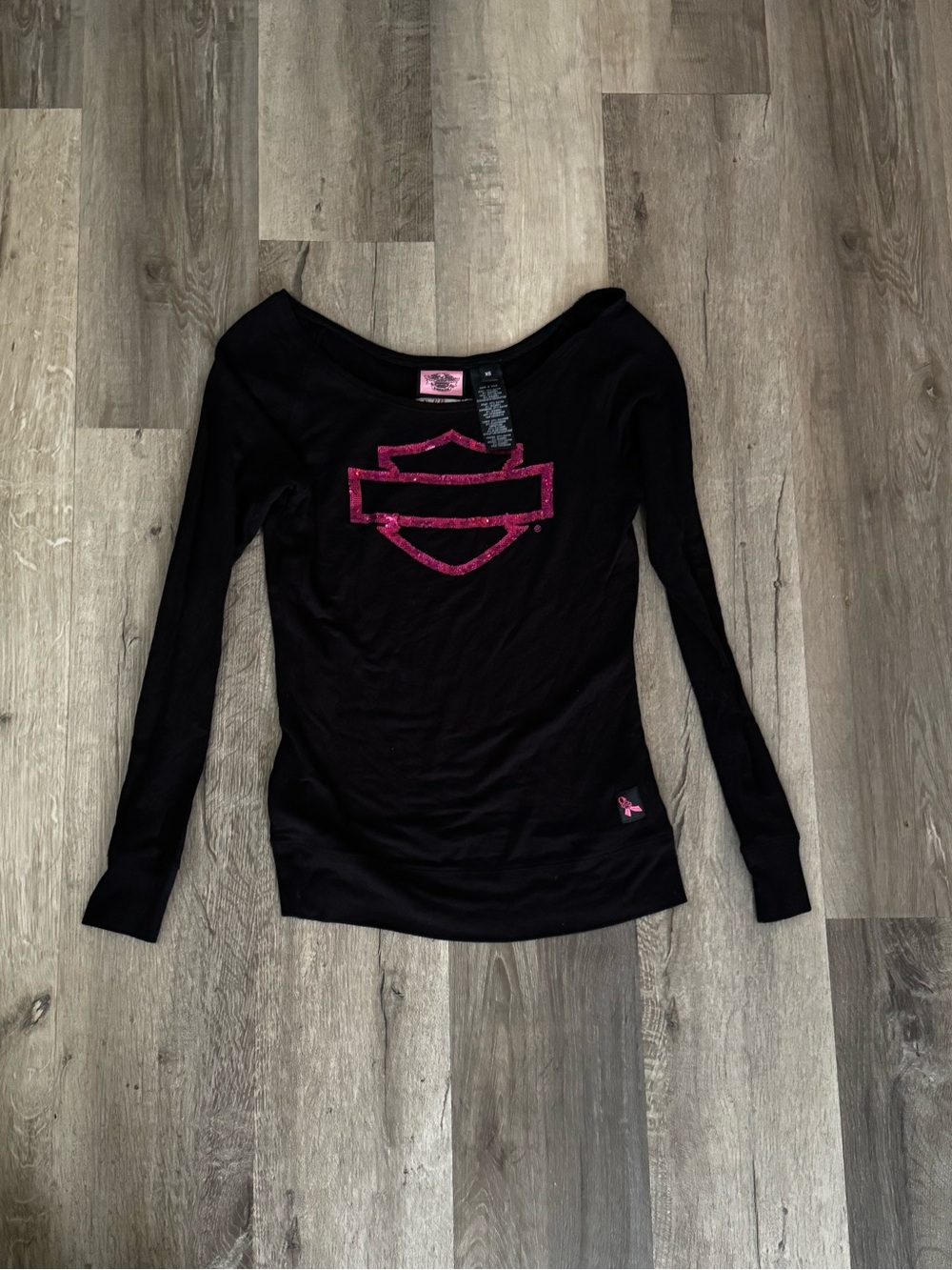 Harley-Davidson Black Long Sleeve Tee with Pink Glitter Shield Logo